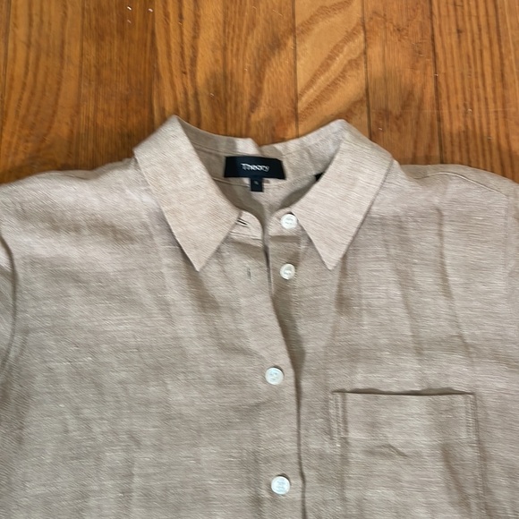 Theory Hekanina Front Tie Linen Weave Button Down Shirt top tan size Small - Picture 6 of 8